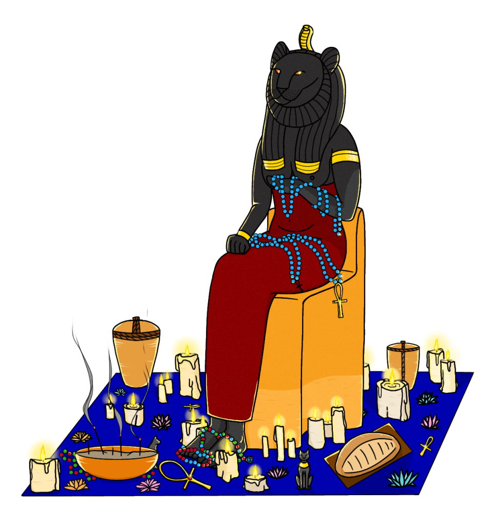 A color digital drawing of a seated stone statue of the Egyptian cat goddess Bast wearing a red dress and gold jewelry. On a blue platform beneath the statue are offerings to the goddess, including lit incense, lit candles, fresh baked bread, jars, flowers, cat statues, jewelry, and ankhs. The statue's lap and raised arm are also covered in beaded necklace offerings.